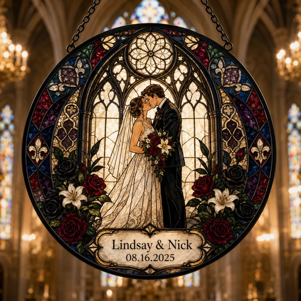 Custom Gothic Wedding Suncatcher with a couple and personalized names
